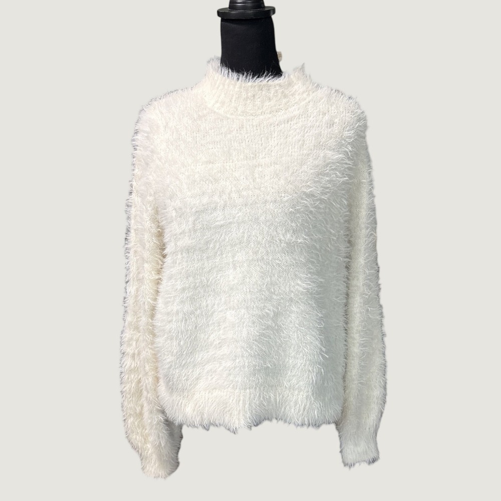 And Now This Ivory Mock Neck Faux Fur Eyelash Knit Sweater, Medium, Holiday Cozy